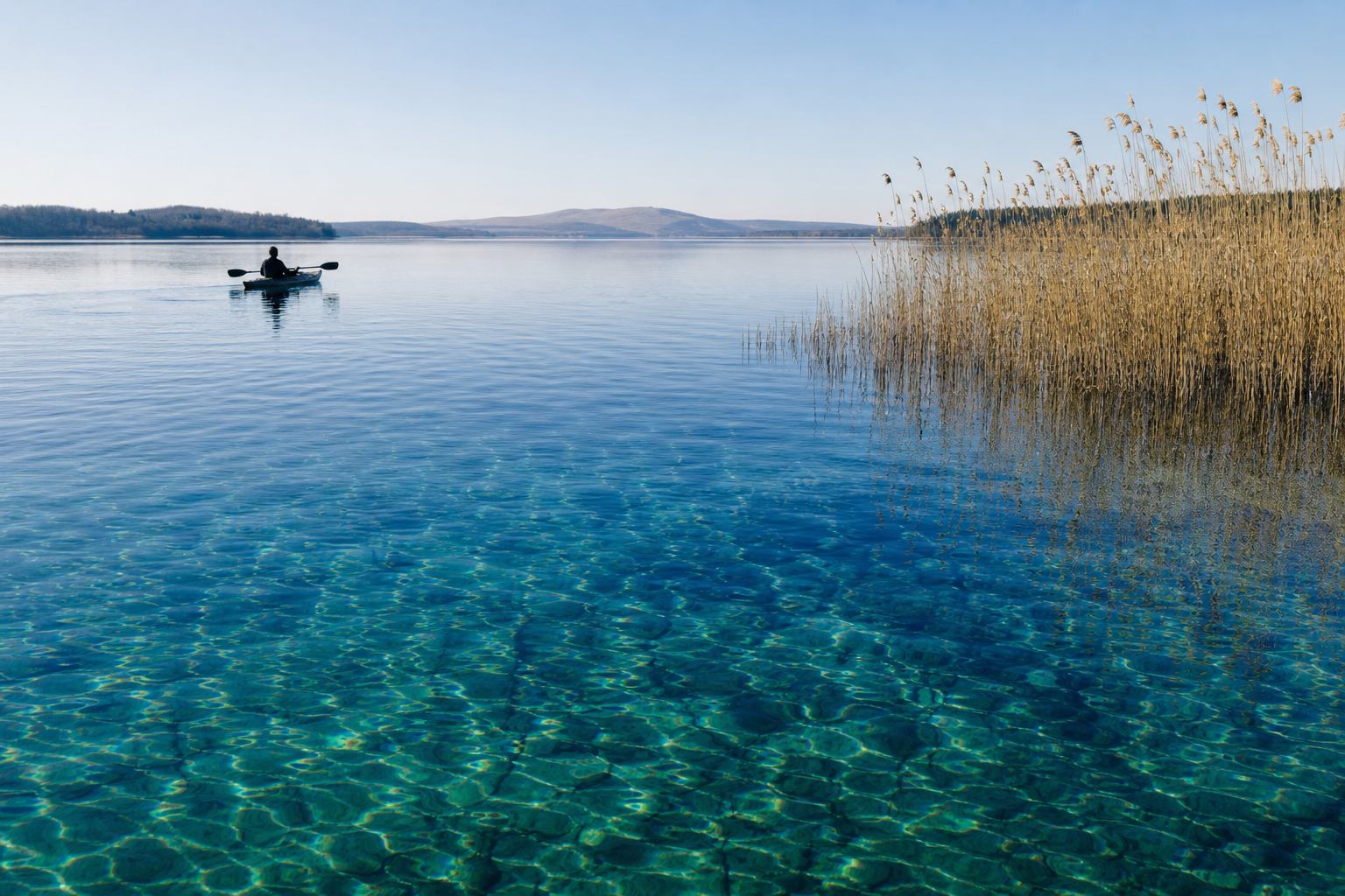 Klares Seewasser mit Schilfgürtel und Kayak-Silhouette